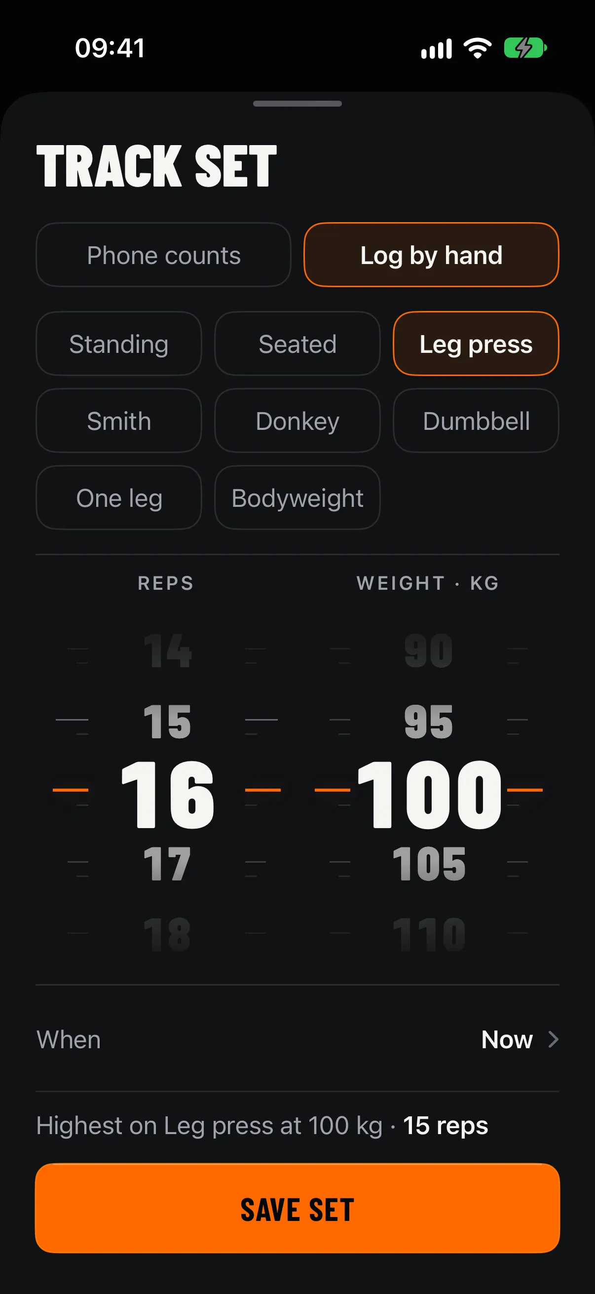 Log by hand: exercise chips with Leg press selected, reps 16, weight 100 kg, and a Save set button.