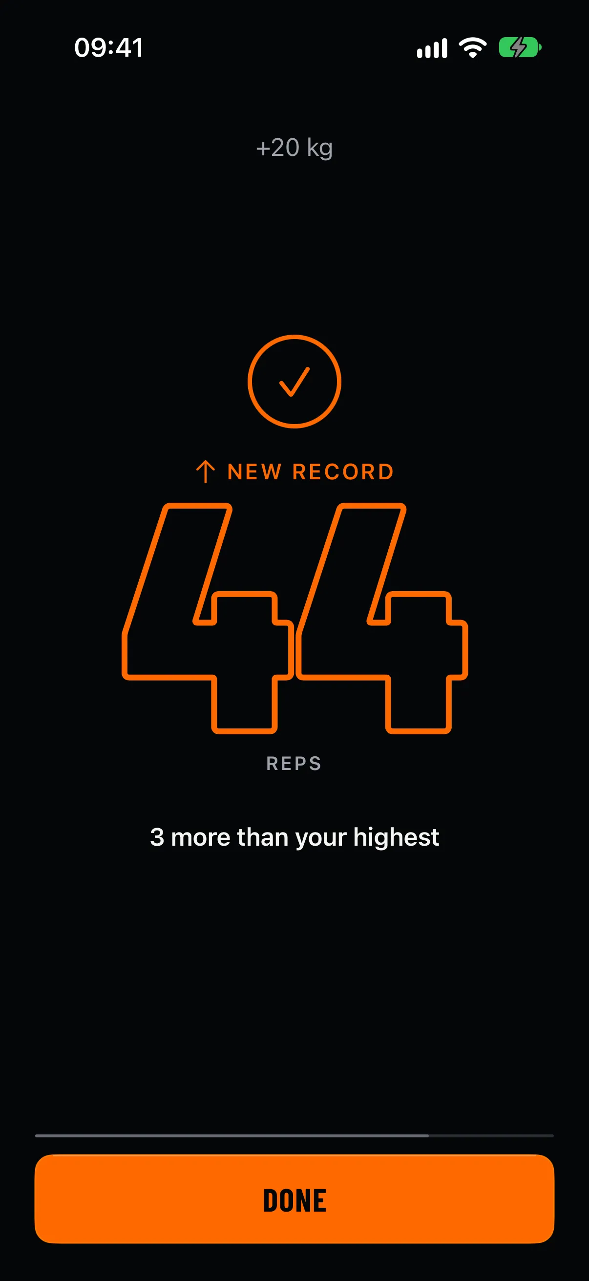 Result screen: a check ring, New record, the count 44 as an orange outline, and 3 more than your highest.